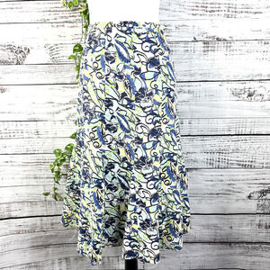 JM Collection Skirt 16 Petite Blue Green Yellow Floral Linen Calf Midi Hawaii